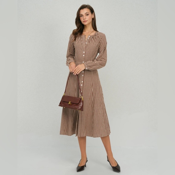 Brown Gingham Button A-Line Midi Dress - Picture 3 of 6